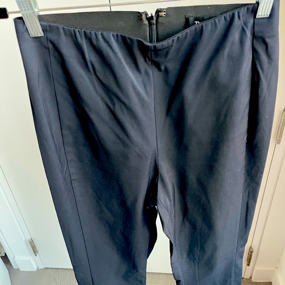 Theory navy tech pant. High-waisted, zip back, ankle skinny pant.